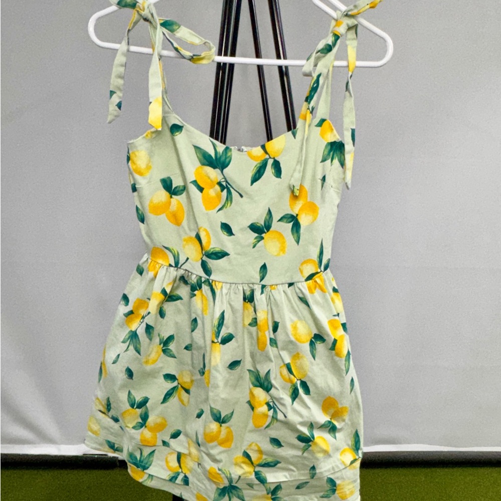 Lemon Floral Mini Dress w/ Tie Shoulders Picnic Cottagecore Green Yellow Pockets